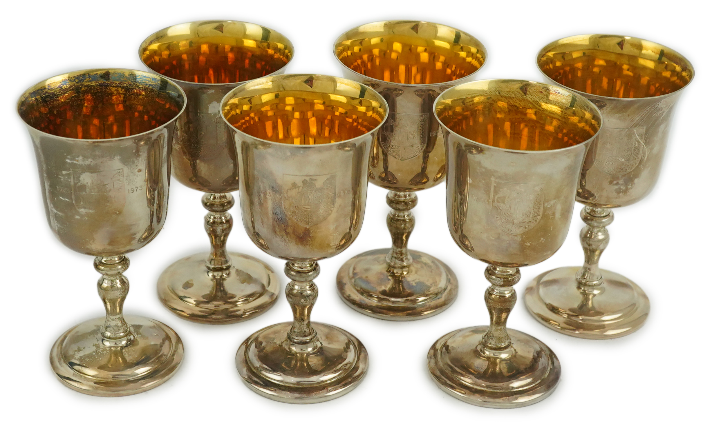 A cased set of six limited edition Elizabeth II silver Bristol Charter 600th Anniversary commemorative goblets by Barker Ellis Silver Co